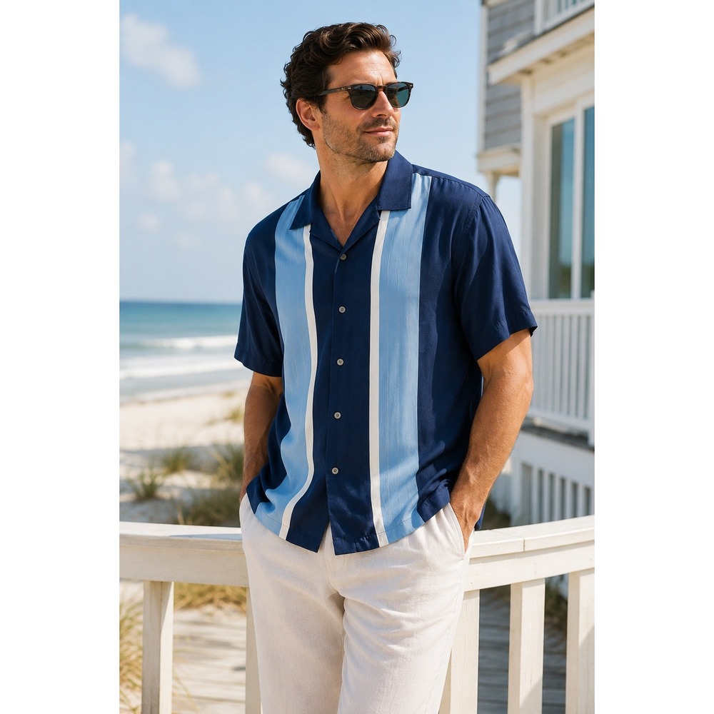 Axist Mens XL Washable Silk Camp Collar Shirt Navy Blue Coastal Resort Button Up